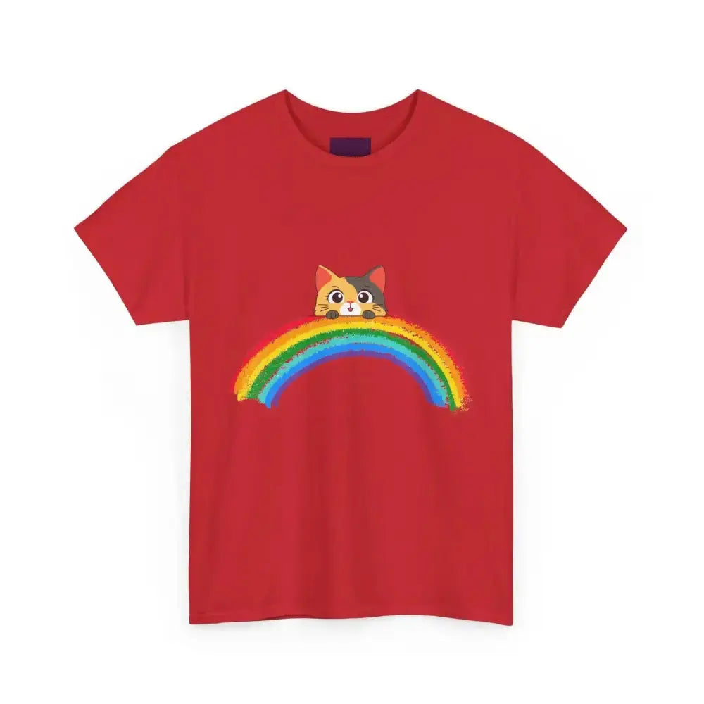 Cute Rainbow Cat Unisex Heavy Cotton Tee, Cat Lover Gift, Rainbow T-Shirt, Cute Animal Tee, Pet Owner Apparel, Fun Summer Shirt - FloofChonk