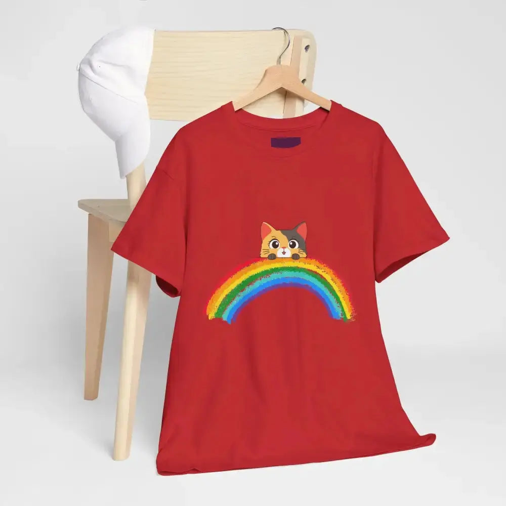 Cute Rainbow Cat Unisex Heavy Cotton Tee, Cat Lover Gift, Rainbow T-Shirt, Cute Animal Tee, Pet Owner Apparel, Fun Summer Shirt - FloofChonk