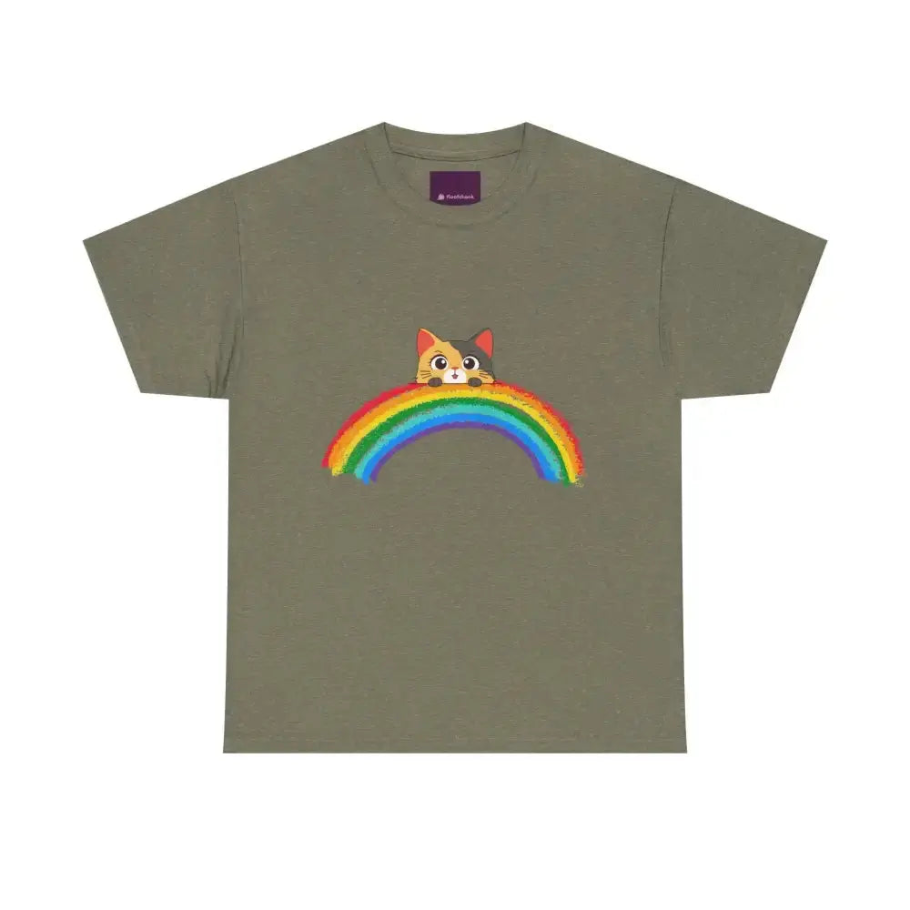 Cute Rainbow Cat Unisex Heavy Cotton Tee, Cat Lover Gift, Rainbow T-Shirt, Cute Animal Tee, Pet Owner Apparel, Fun Summer Shirt - FloofChonk
