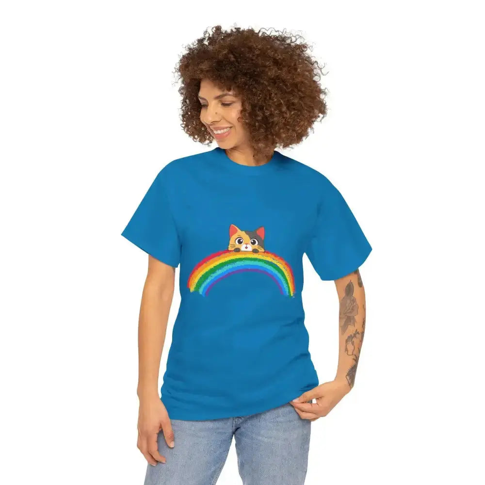 Cute Rainbow Cat Unisex Heavy Cotton Tee, Cat Lover Gift, Rainbow T-Shirt, Cute Animal Tee, Pet Owner Apparel, Fun Summer Shirt - FloofChonk