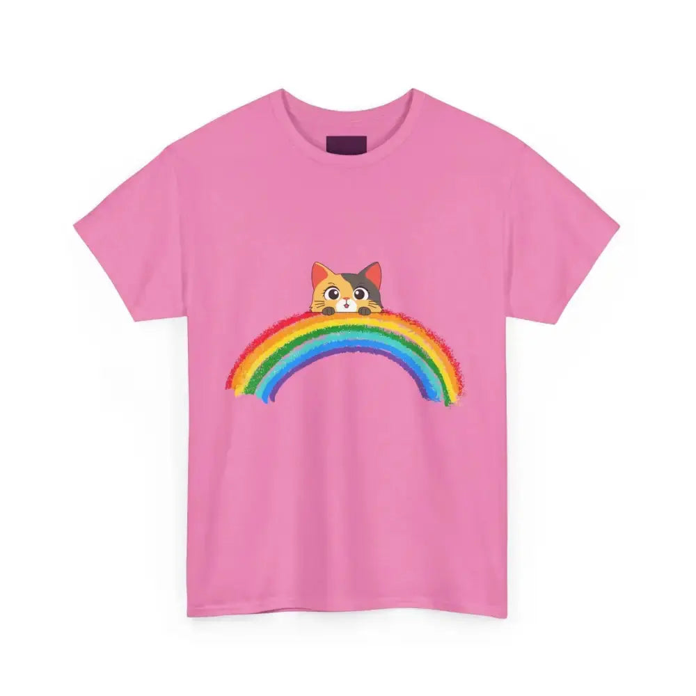 Cute Rainbow Cat Unisex Heavy Cotton Tee, Cat Lover Gift, Rainbow T-Shirt, Cute Animal Tee, Pet Owner Apparel, Fun Summer Shirt - FloofChonk