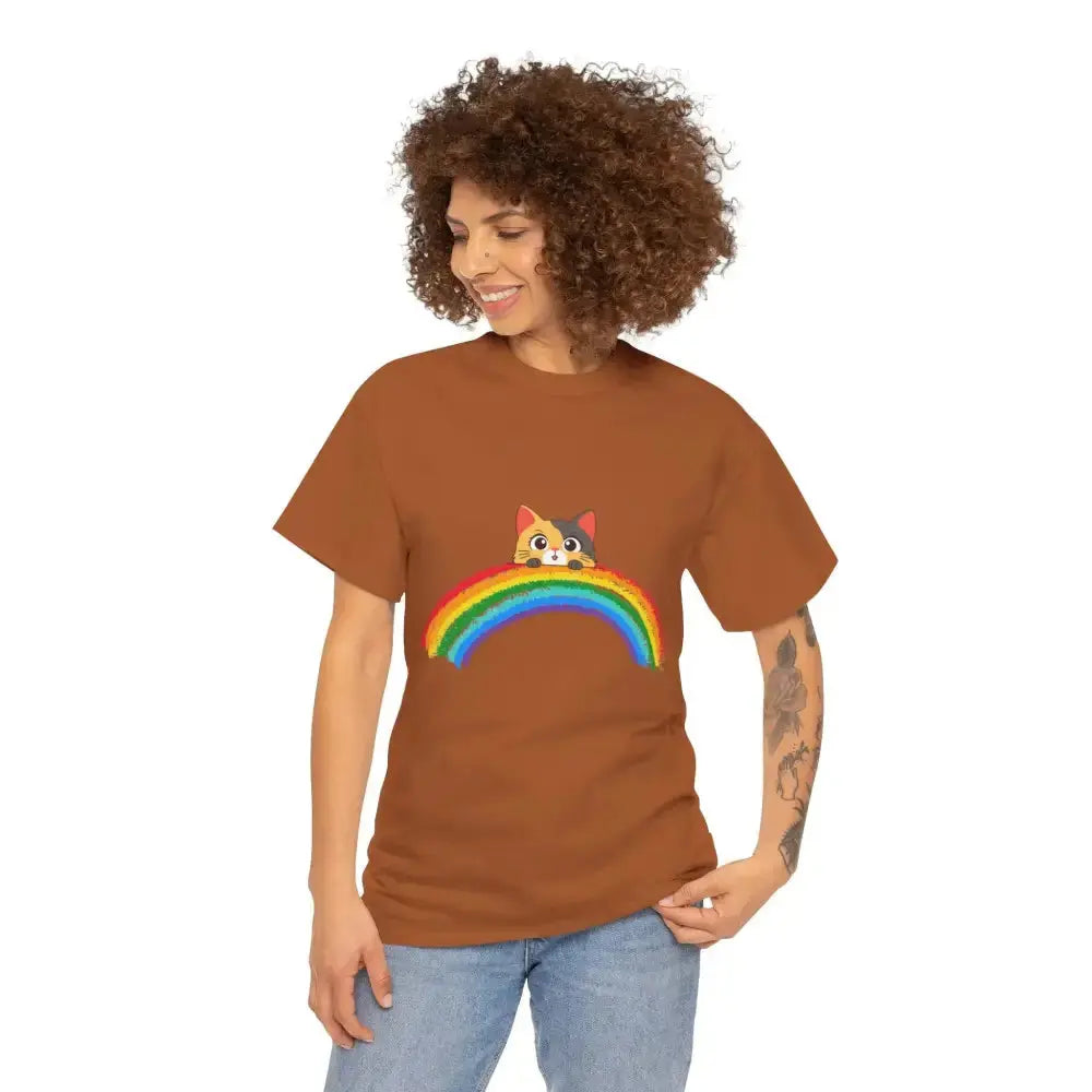 Cute Rainbow Cat Unisex Heavy Cotton Tee, Cat Lover Gift, Rainbow T-Shirt, Cute Animal Tee, Pet Owner Apparel, Fun Summer Shirt - FloofChonk