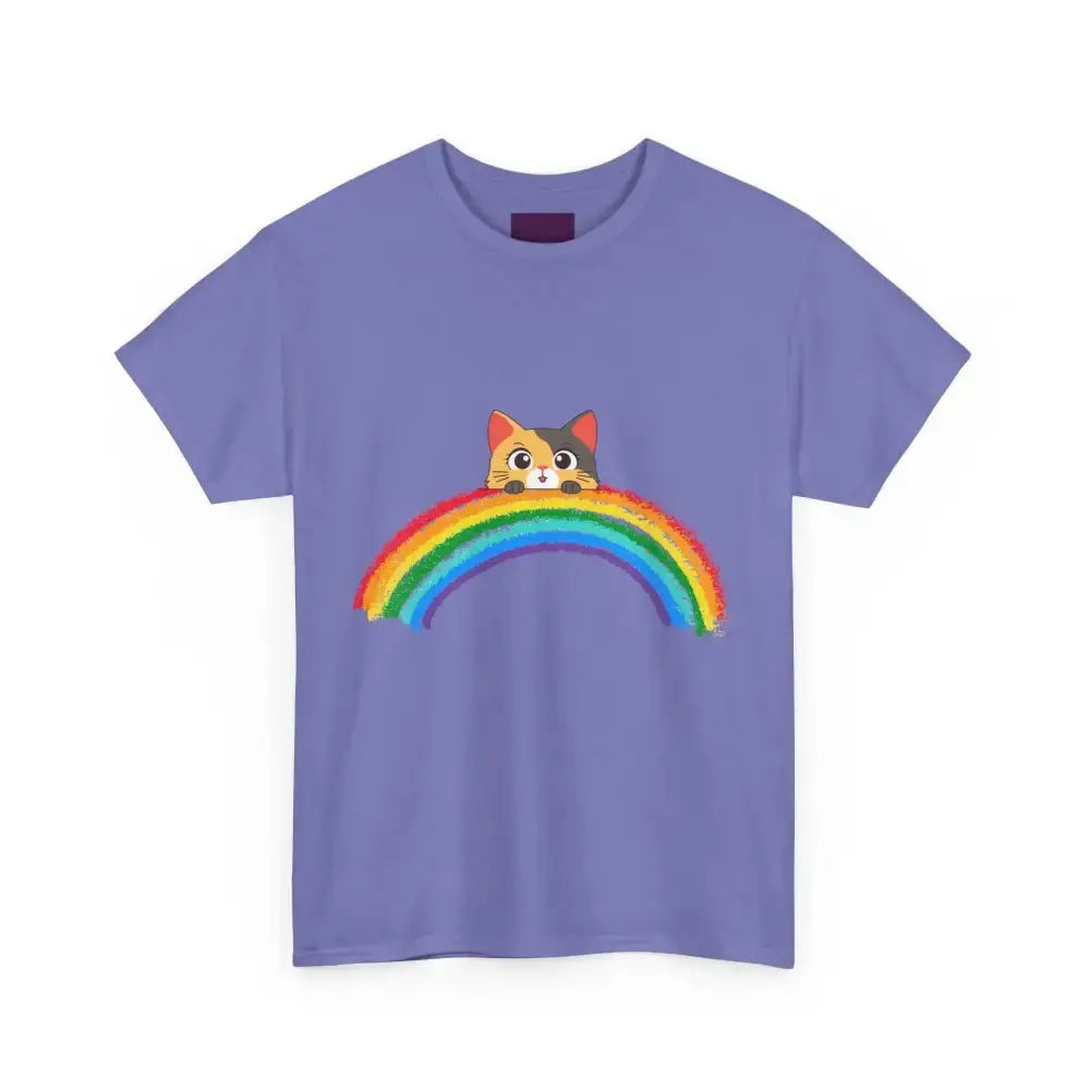 Cute Rainbow Cat Unisex Heavy Cotton Tee, Cat Lover Gift, Rainbow T-Shirt, Cute Animal Tee, Pet Owner Apparel, Fun Summer Shirt - FloofChonk