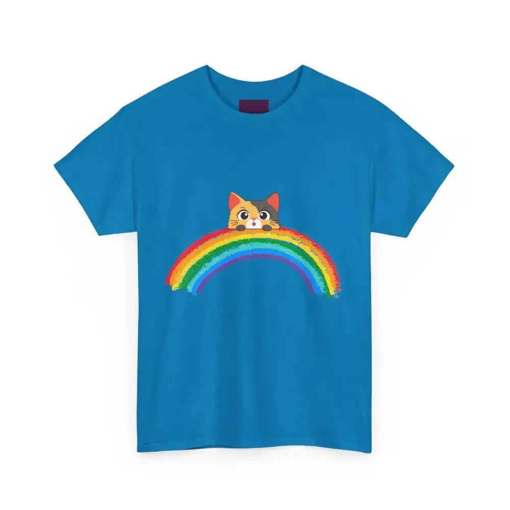 Cute Rainbow Cat Unisex Heavy Cotton Tee, Cat Lover Gift, Rainbow T-Shirt, Cute Animal Tee, Pet Owner Apparel, Fun Summer Shirt - FloofChonk