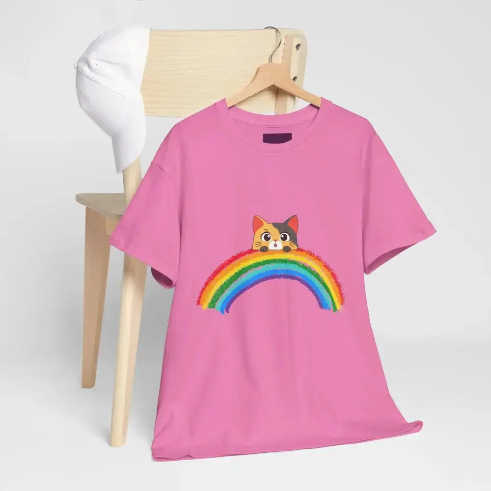Cute Rainbow Cat Unisex Heavy Cotton Tee, Cat Lover Gift, Rainbow T-Shirt, Cute Animal Tee, Pet Owner Apparel, Fun Summer Shirt - FloofChonk