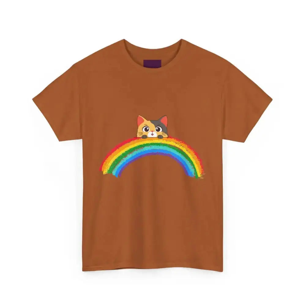 Cute Rainbow Cat Unisex Heavy Cotton Tee, Cat Lover Gift, Rainbow T-Shirt, Cute Animal Tee, Pet Owner Apparel, Fun Summer Shirt - FloofChonk