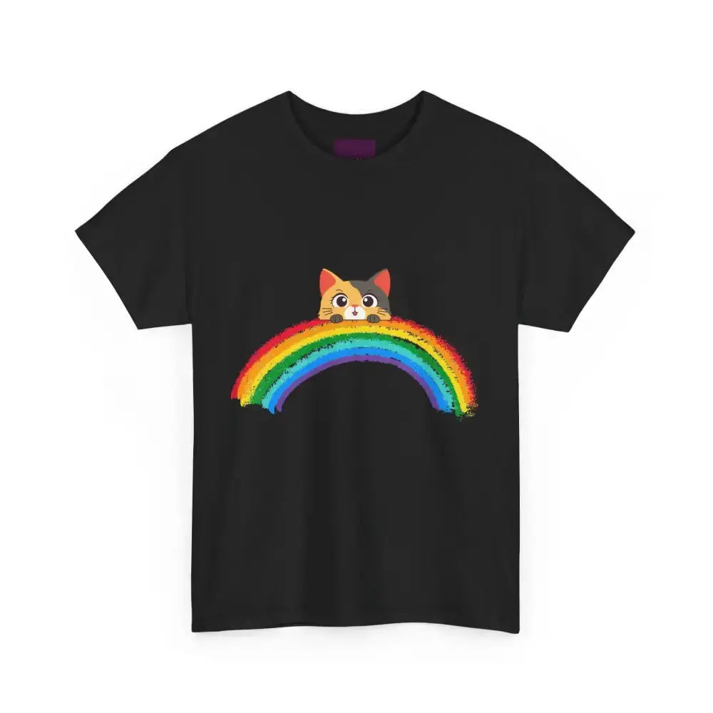 Cute Rainbow Cat Unisex Heavy Cotton Tee, Cat Lover Gift, Rainbow T-Shirt, Cute Animal Tee, Pet Owner Apparel, Fun Summer Shirt - FloofChonk