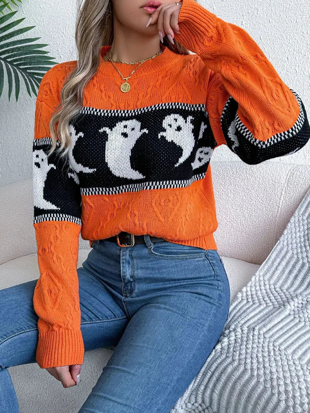 Ghost Round Neck Long Sleeve Sweater - FloofChonk