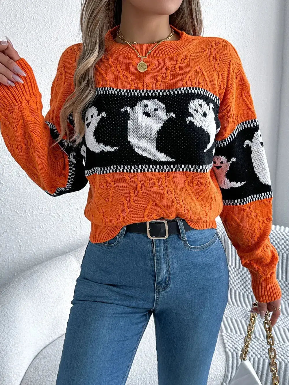 Ghost Round Neck Long Sleeve Sweater - FloofChonk