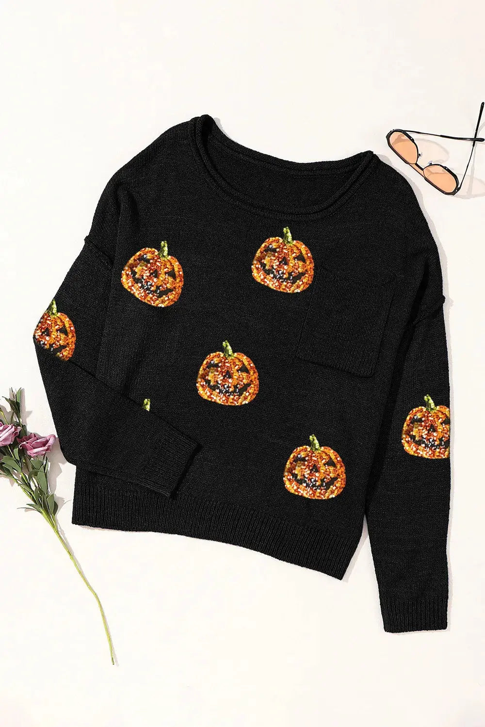 Pumpkin Round Neck Long Sleeve Knit Top - FloofChonk