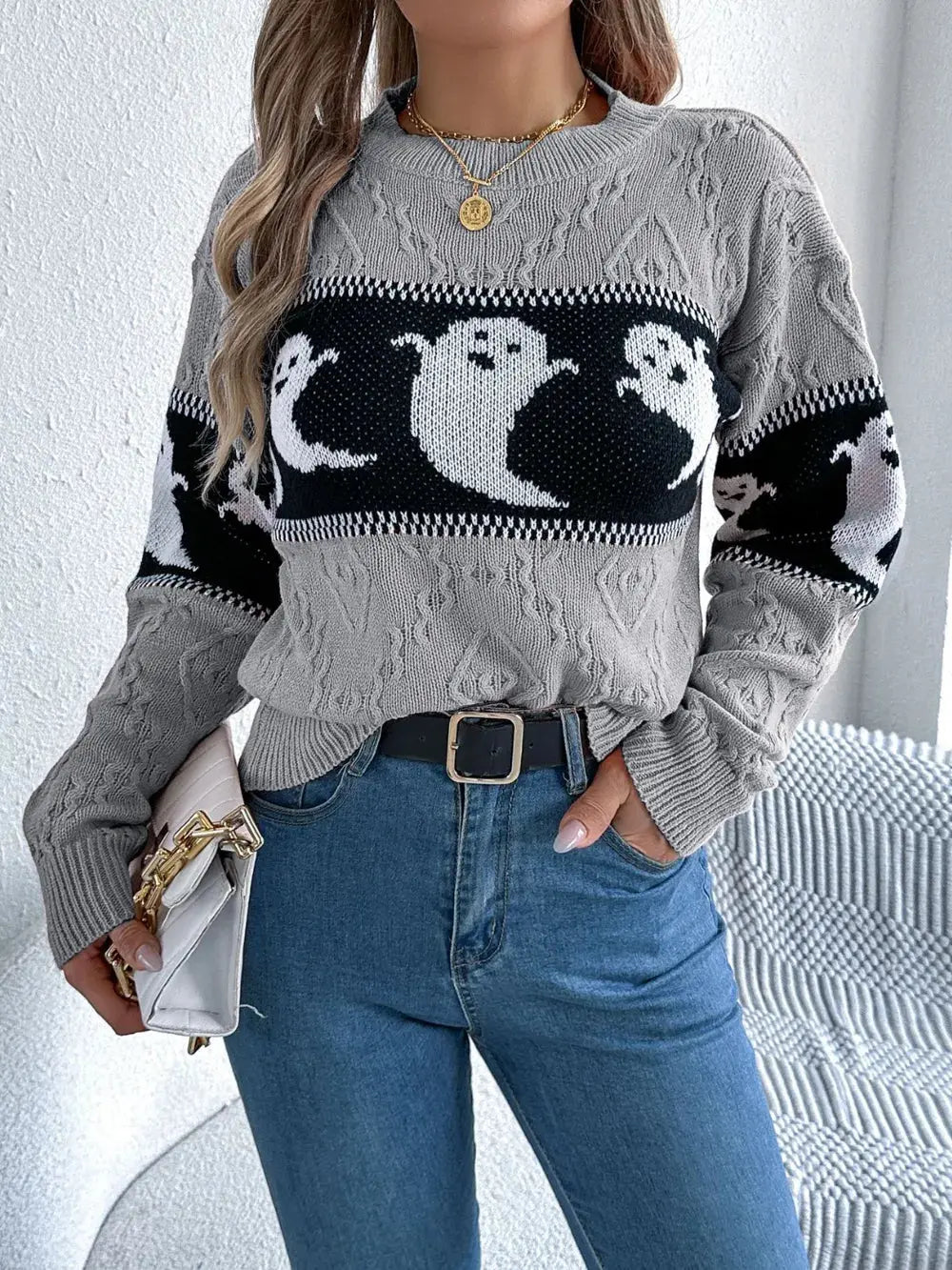 Ghost Round Neck Long Sleeve Sweater - FloofChonk