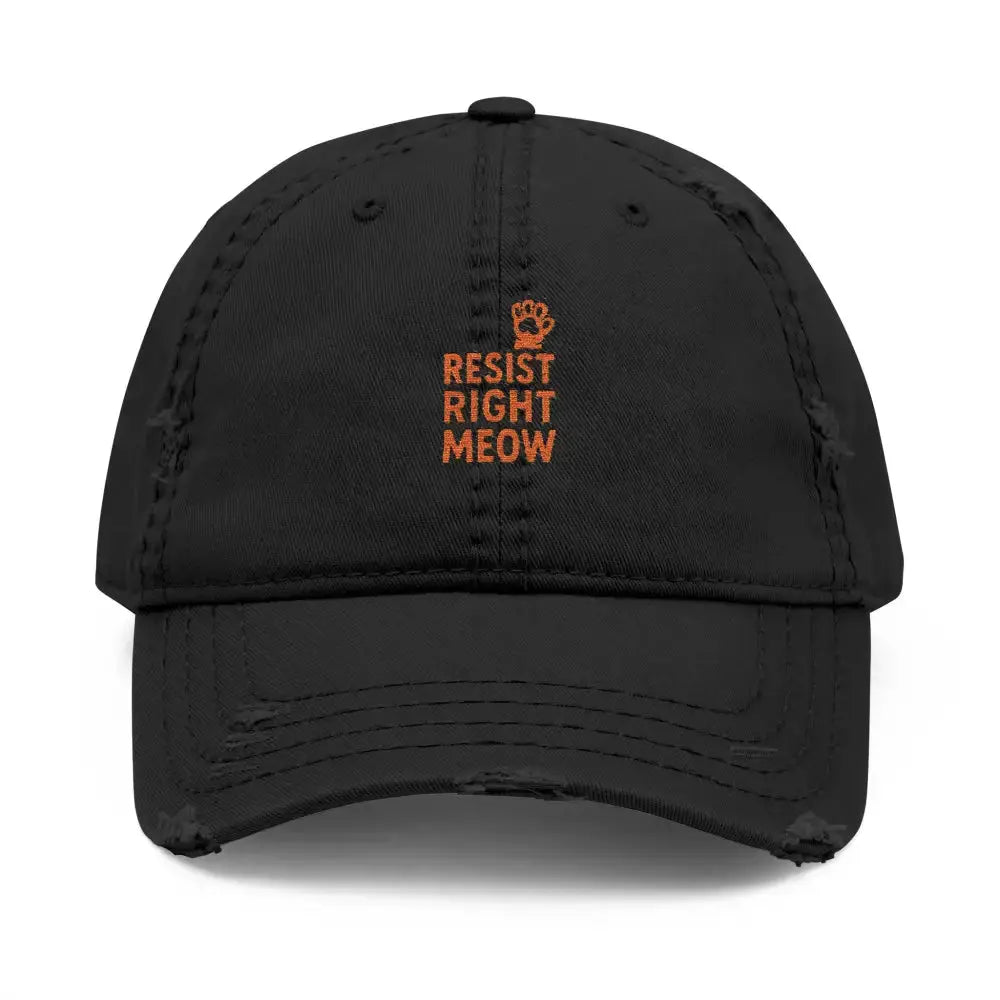 Distressed Dad Hat with ’Resist Right Meow’ Embroidery - Black / One size - Hats