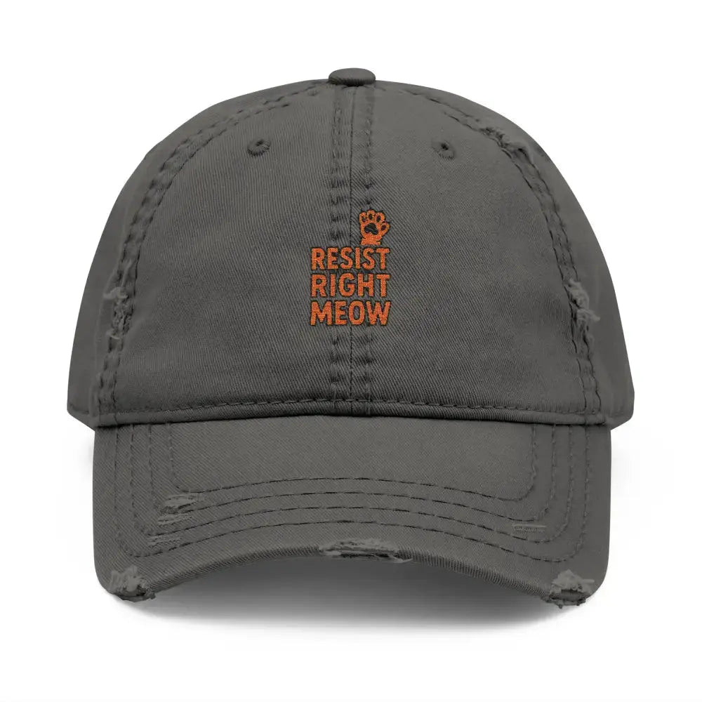 Distressed Dad Hat with ’Resist Right Meow’ Embroidery - Charcoal Grey / One size - Hats