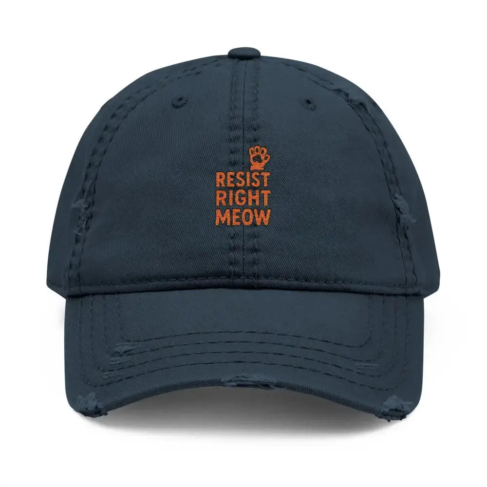 Distressed Dad Hat with ’Resist Right Meow’ Embroidery - Dark Navy / One size - Hats