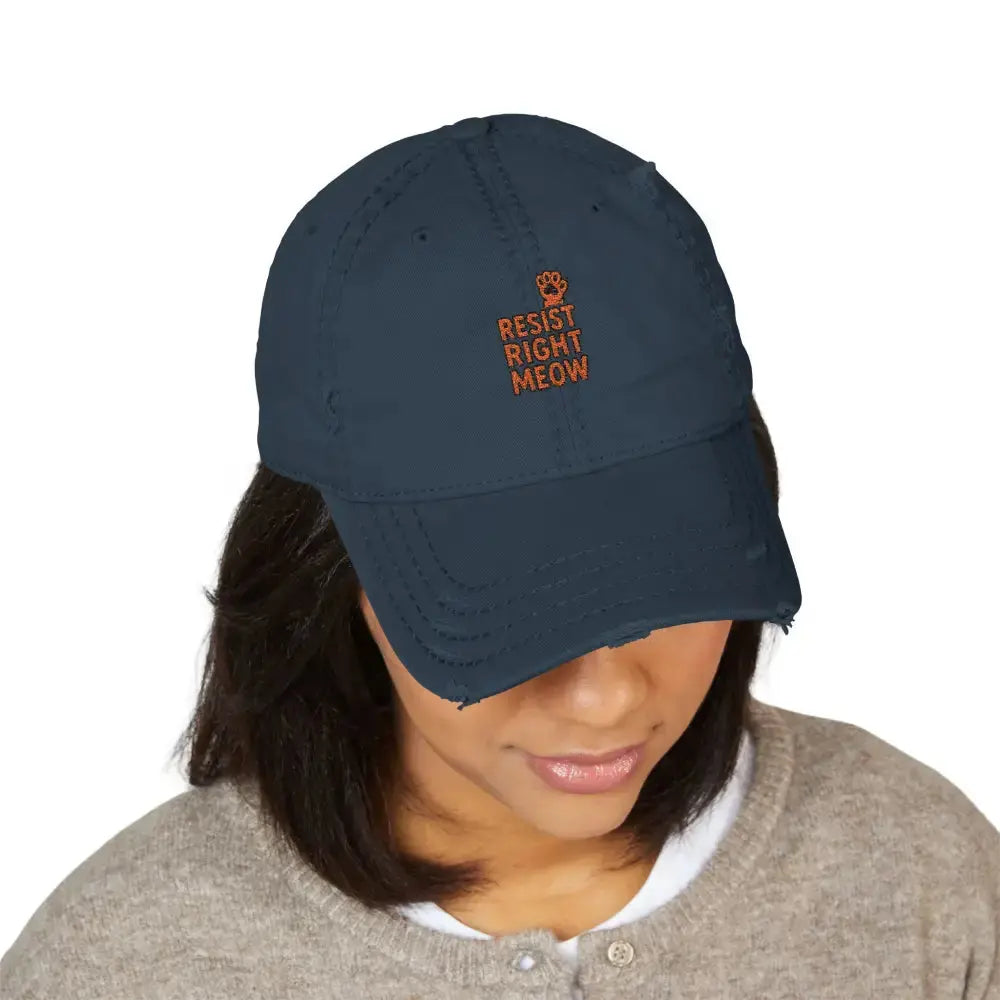 Distressed Dad Hat with ’Resist Right Meow’ Embroidery - Hats