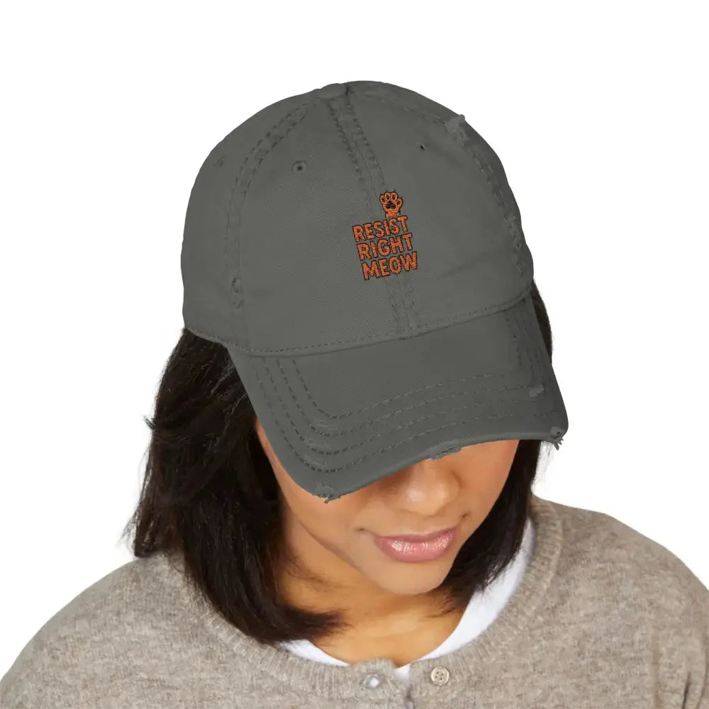 Distressed Dad Hat with ’Resist Right Meow’ Embroidery - Hats