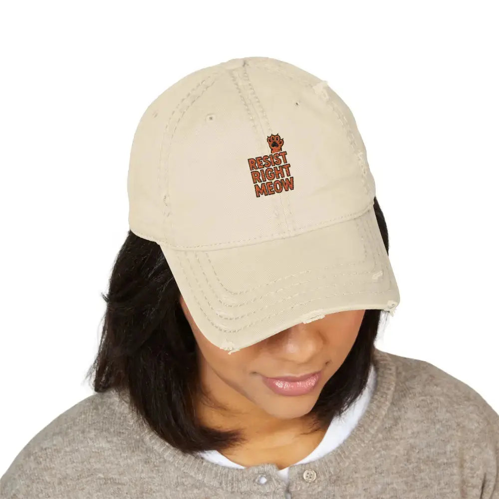 Distressed Dad Hat with ’Resist Right Meow’ Embroidery - Hats