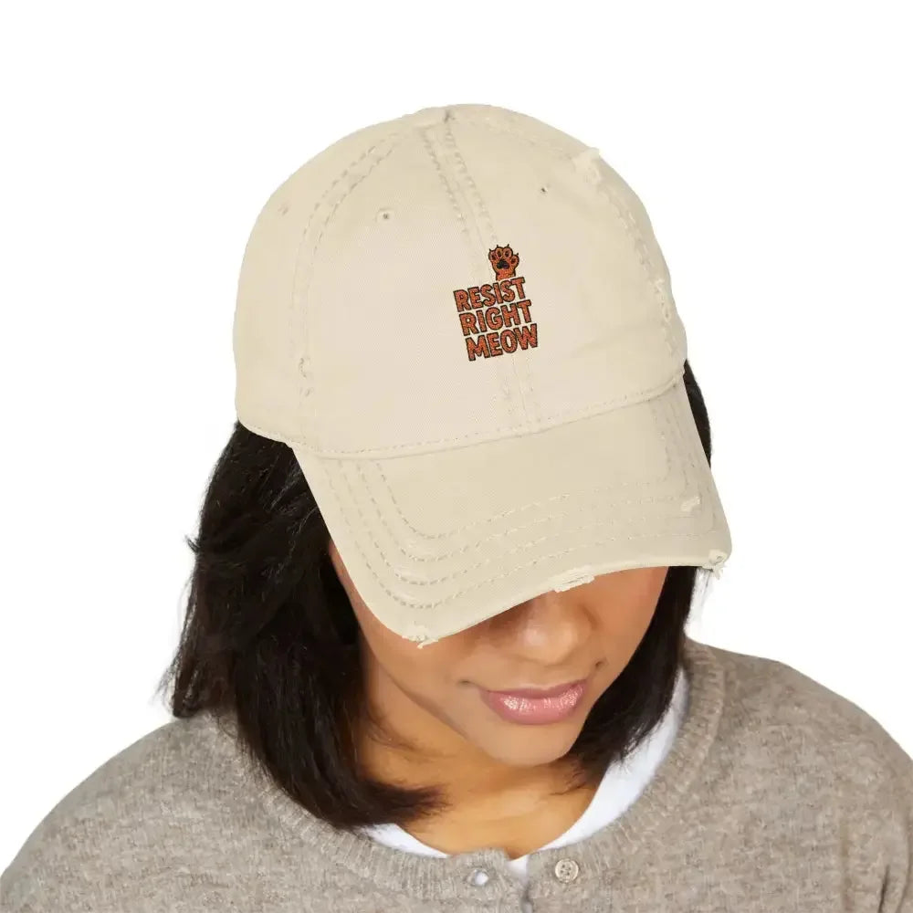 Distressed Dad Hat with 'Resist Right Meow' Embroidery - FloofChonk