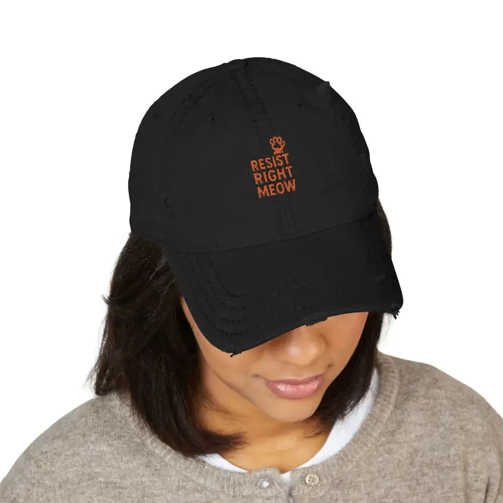 Distressed Dad Hat with ’Resist Right Meow’ Embroidery - Hats