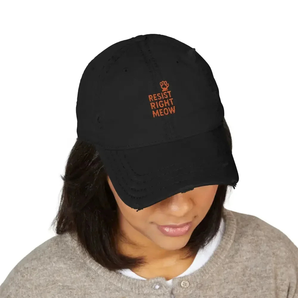 Distressed Dad Hat with 'Resist Right Meow' Embroidery - FloofChonk