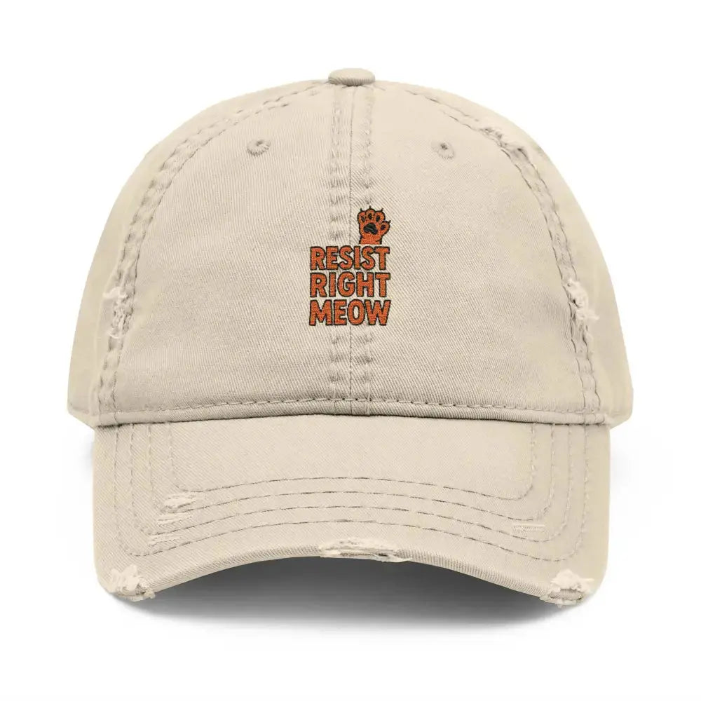 Distressed Dad Hat with ’Resist Right Meow’ Embroidery - Khaki / One size - Hats