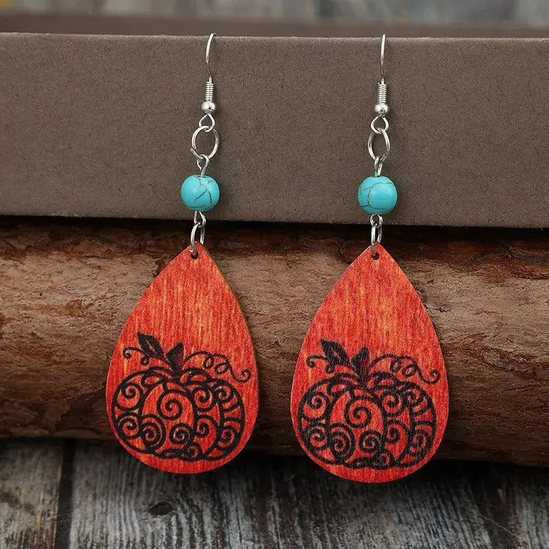 Turquoise Wooden Pumpkin Teardrop Earrings - FloofChonk