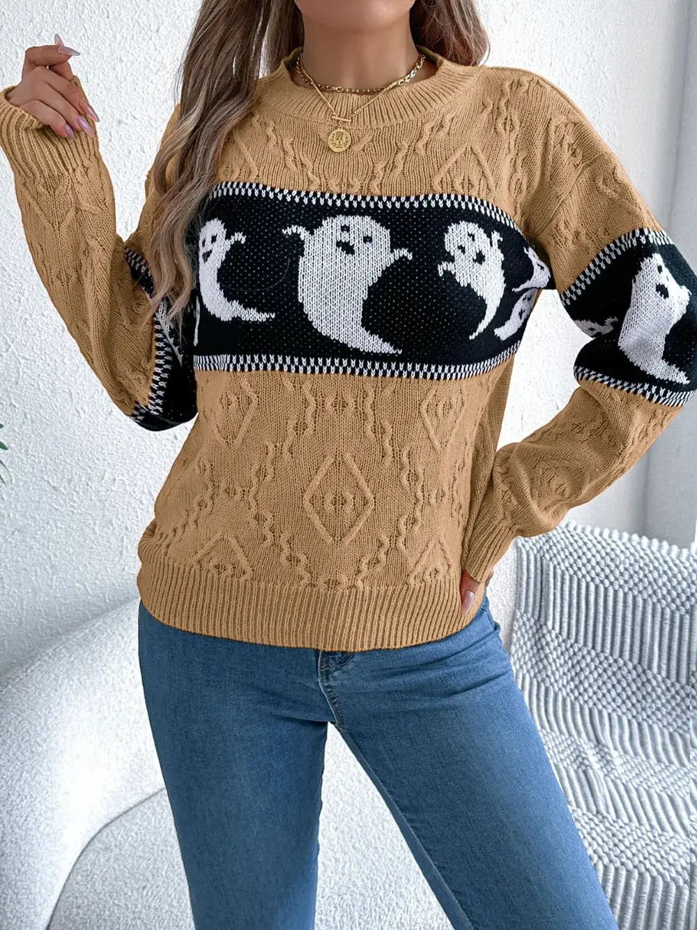 Ghost Round Neck Long Sleeve Sweater - FloofChonk