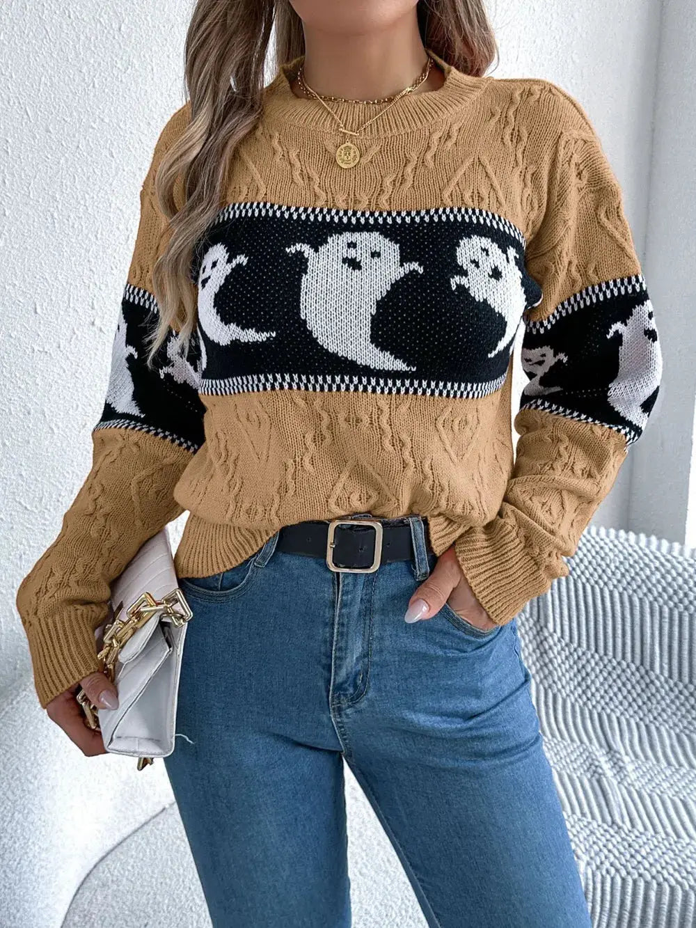 Ghost Round Neck Long Sleeve Sweater - FloofChonk