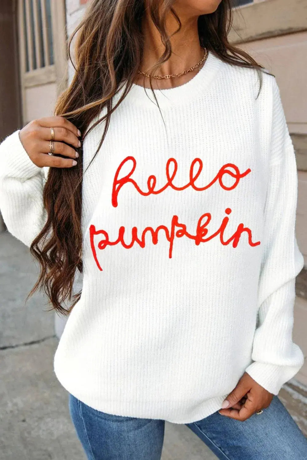 HELLO PUMPKIN Round Neck Long Sleeve Sweater - FloofChonk