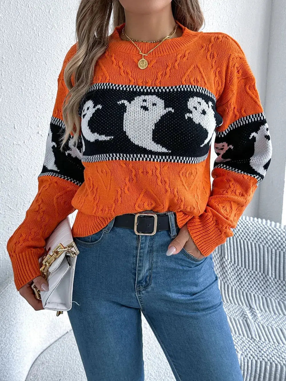 Ghost Round Neck Long Sleeve Sweater - FloofChonk