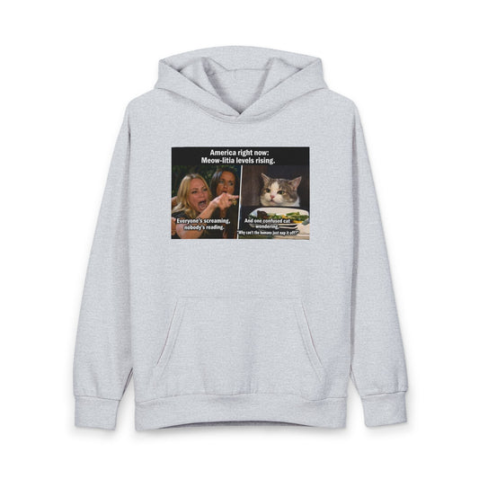 Hoodie - Meme Cat 'America Right Now: Meow - ritas Levels Rising' Pullover - FloofChonk