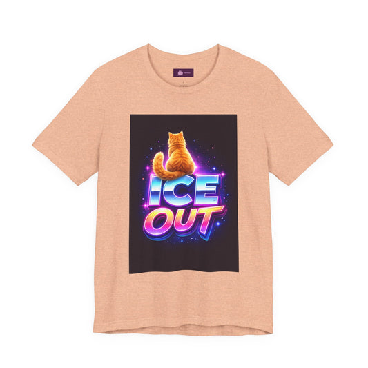 Ice Out Cat T‑Shirt — Retro Neon Graphic Tee with Cat & "ICE OUT" Design - FloofChonk