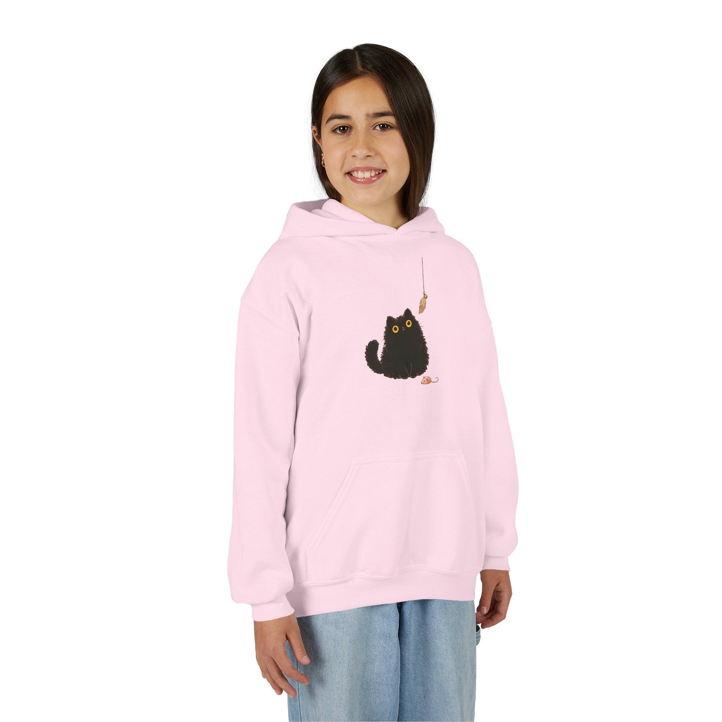 Kids Cute Black Cat Hoodie – Playful Kitty with Feather Graphic - FloofChonk