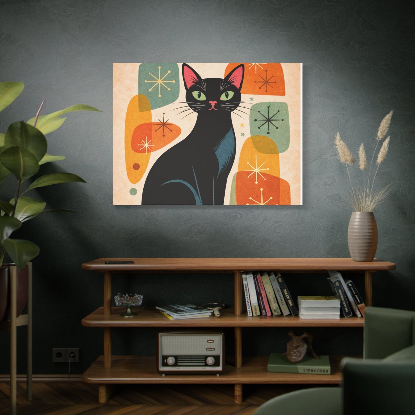 Mid - Century Modern Black Cat Canvas Print — Matte Stretched Wall Art - FloofChonk