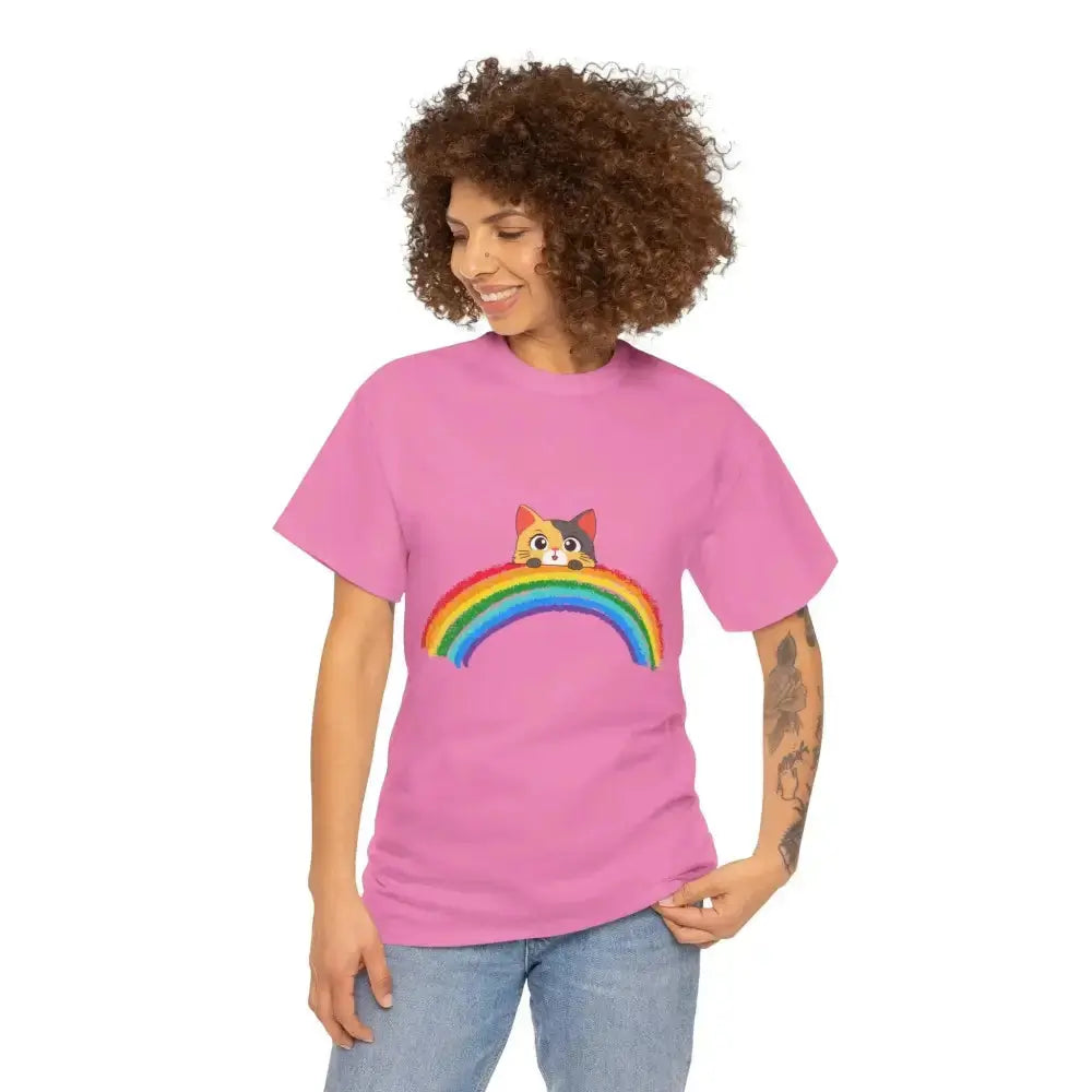 Rainbow Cat Unisex Tee, Fun Graphic T-Shirt, Cute Cat Shirt, Gift for Animal Lovers, Pride Apparel, Summer Wardrobe Essential - FloofChonk