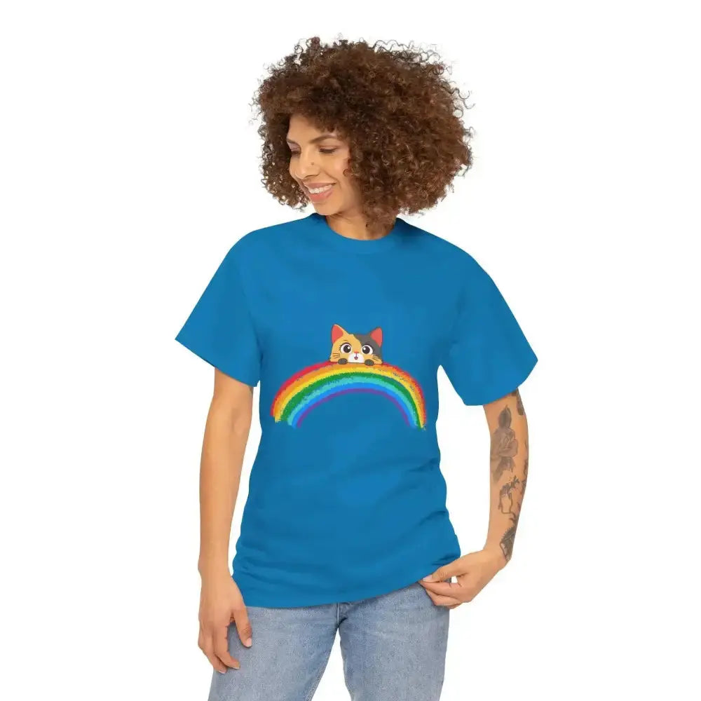 Rainbow Cat Unisex Tee, Fun Graphic T-Shirt, Cute Cat Shirt, Gift for Animal Lovers, Pride Apparel, Summer Wardrobe Essential - FloofChonk