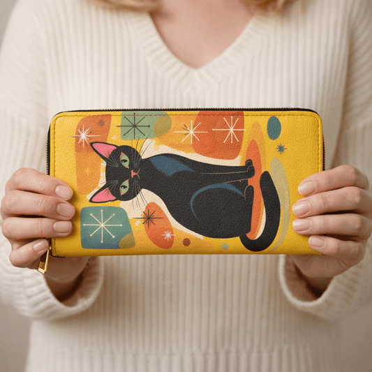 Retro Black Cat Zipper Wallet — Mid - Century Modern Cat Wallet - FloofChonk