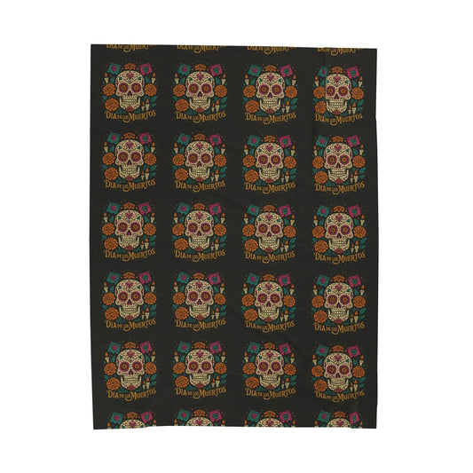 Velveteen Plush Blanket - Dia de los Muertos Skulls and Flowers Halloween Home Decor - FloofChonk