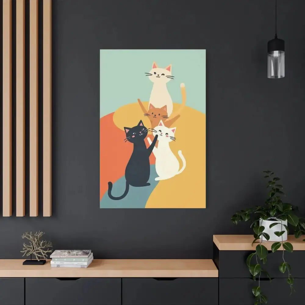 Whimsical Cat Canvas Art - Colorful Stretched Wall Decor for Cat Lovers - FloofChonk