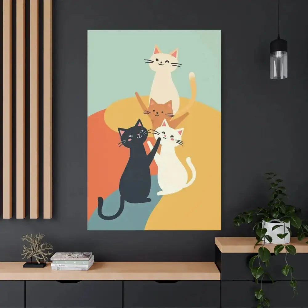 Whimsical Cat Canvas Art - Colorful Stretched Wall Decor for Cat Lovers - FloofChonk