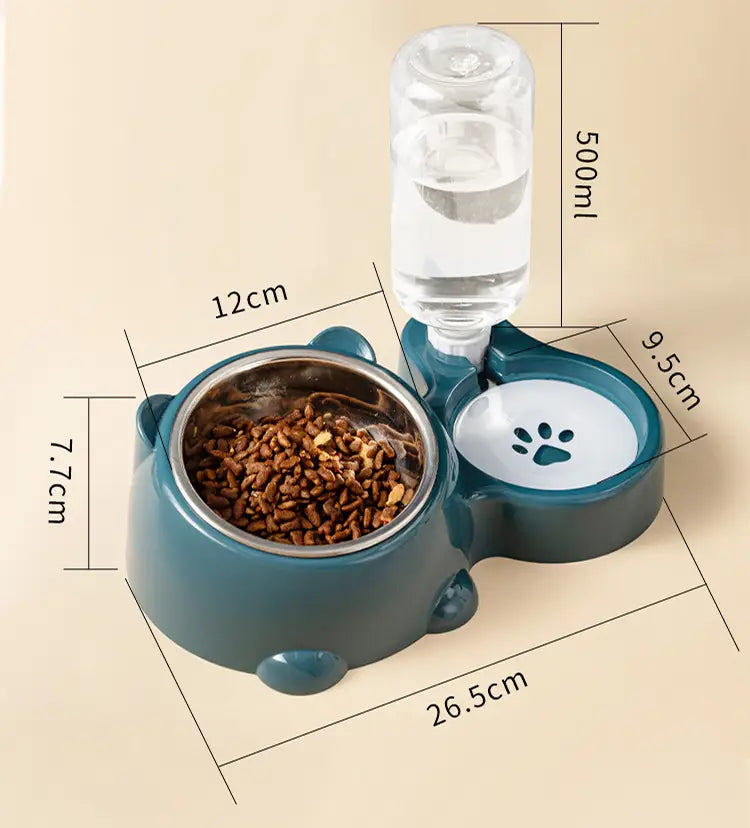 Cat Food And Water Bowl Set - 16 Degree Tilted Dog Dish With Water Dispenser Removable Pet Feeder Bowl Dog Drinking