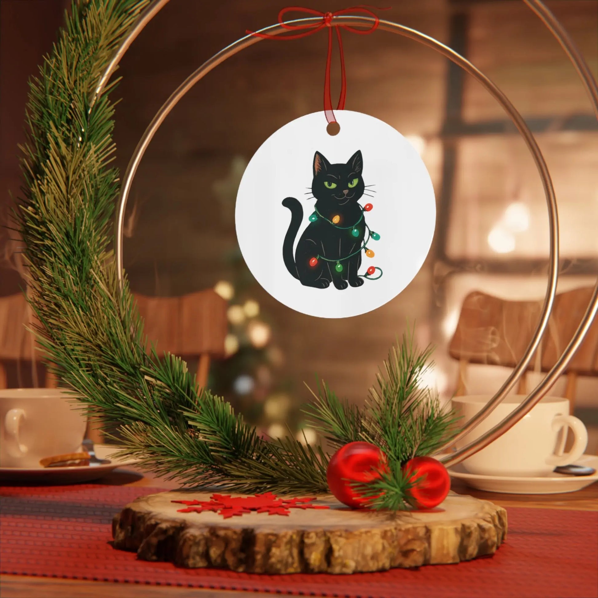 Bell Metal Ornament — Black Cat with Christmas Lights, “Definitely Naughty. Christmas 2025” Printify