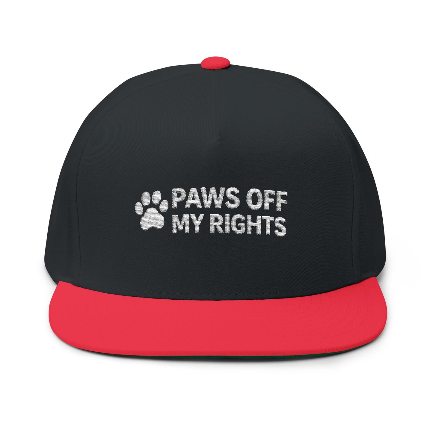 Paws Off My Rights Flat Bill Cap — Embroidered Cat Paw Freedom Hat