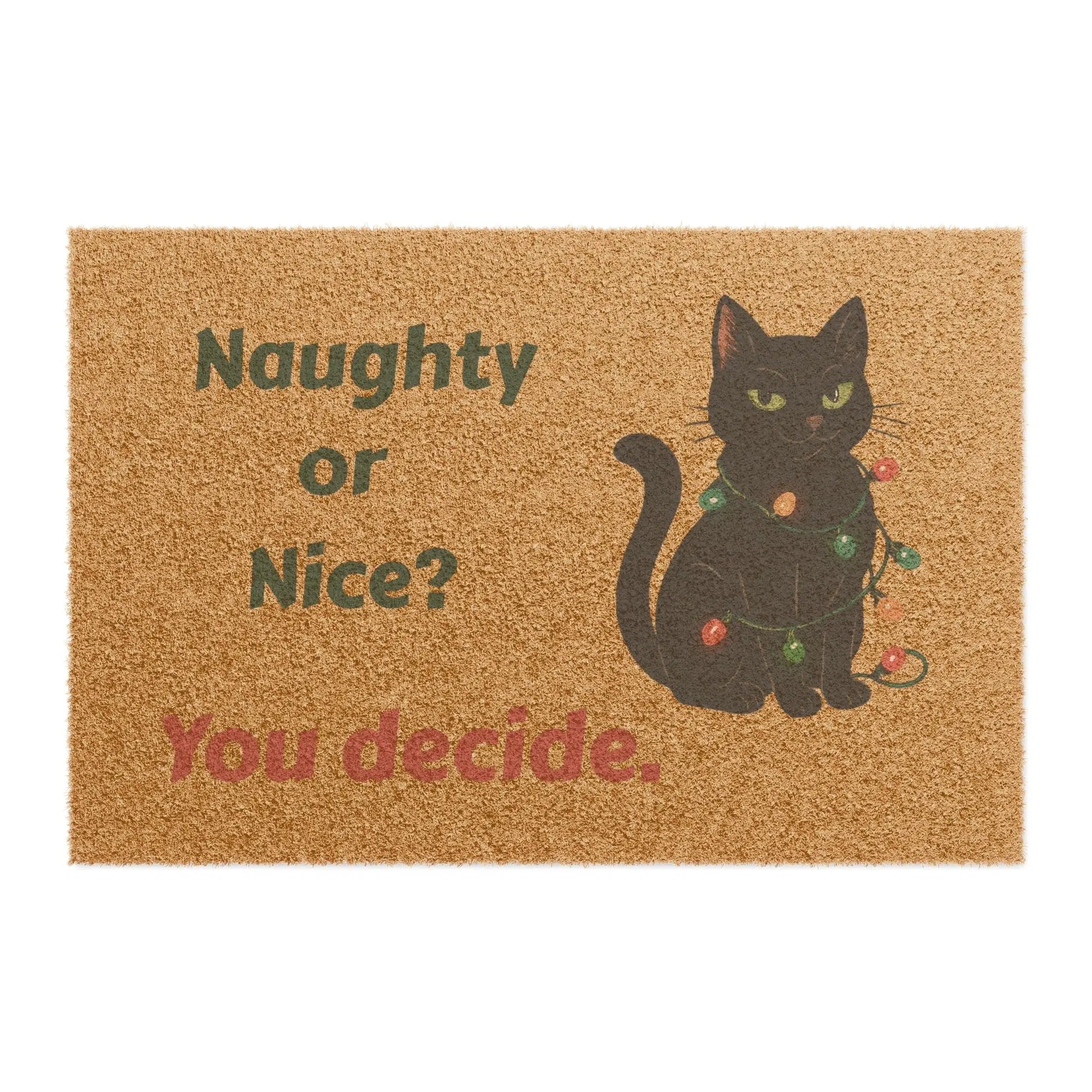 Naughty or Nice? Cat Doormat – Funny Holiday Welcome Mat with Christmas Lights Printify