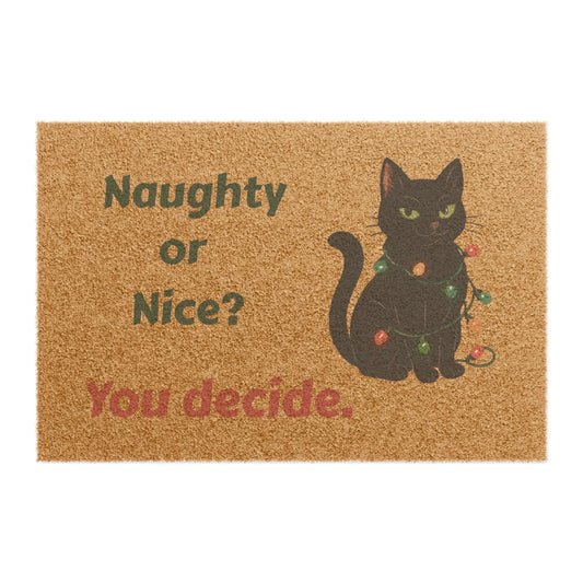 Naughty or Nice? Cat Doormat – Funny Holiday Welcome Mat with Christmas Lights Printify