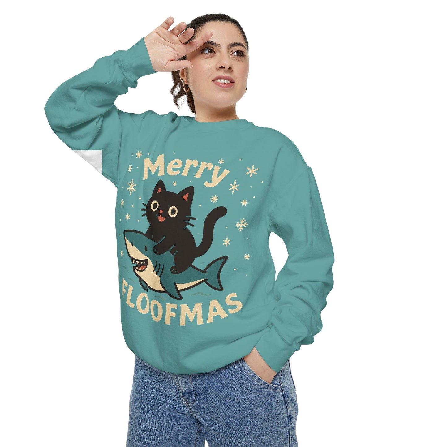 Merry Floofmas Sweatshirt — Cute Cat Riding Shark Holiday Sweater
