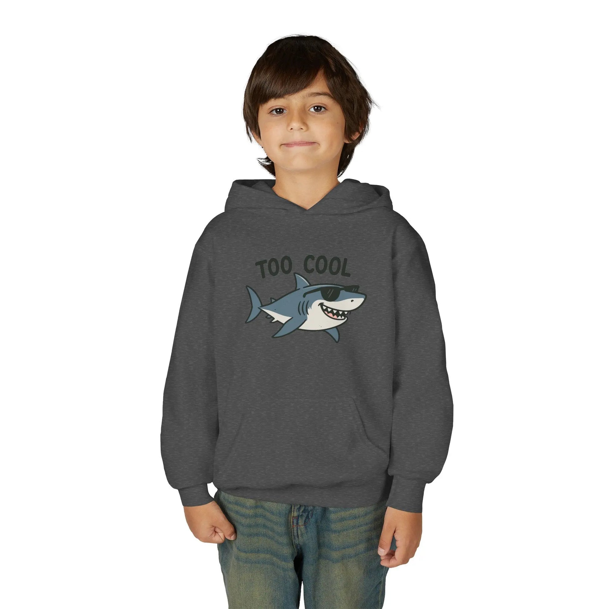 Youth Hoodie - 'Too Cool' Shark Graphic Pullover Printify
