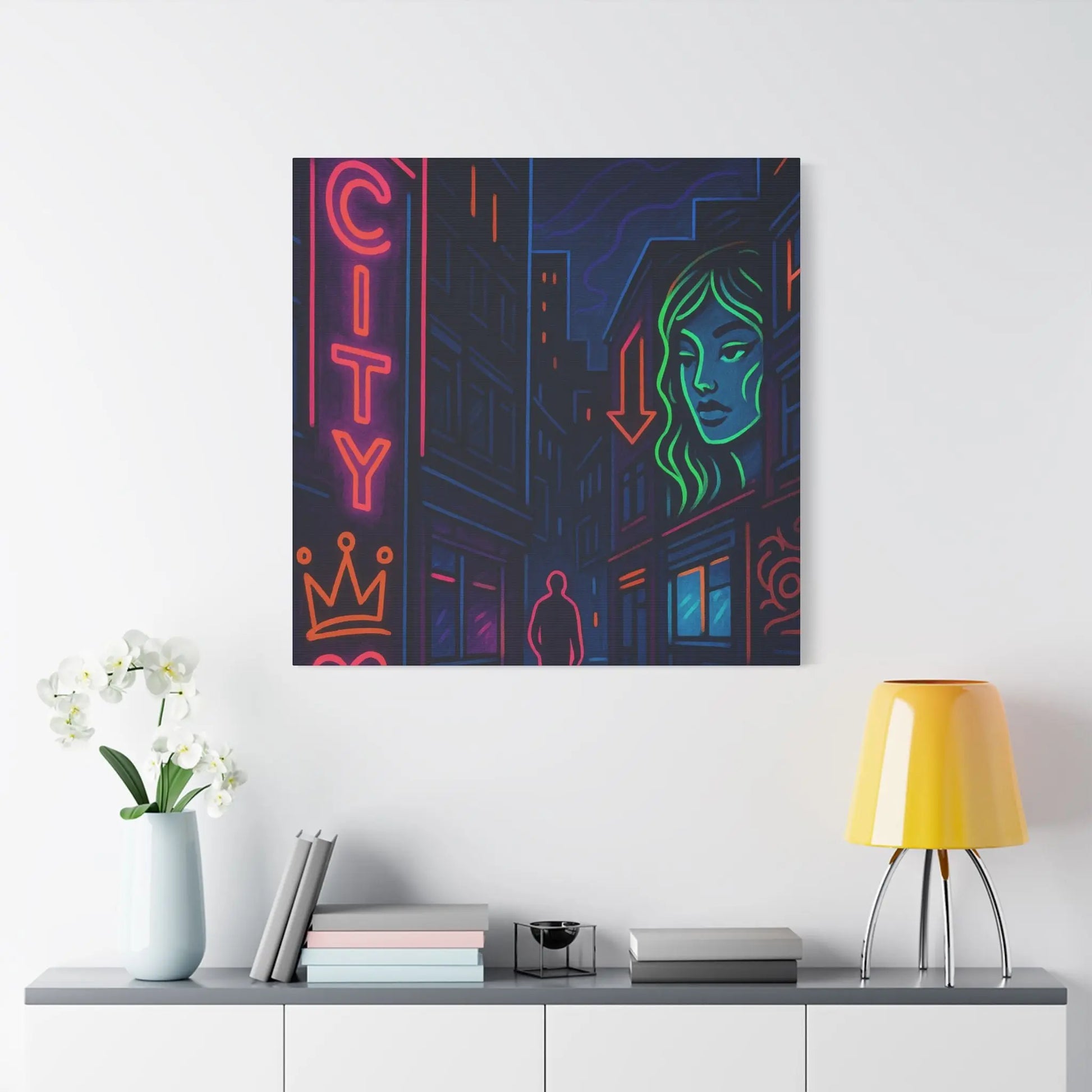 Canvas Art, Urban Neon City Vibes, Stretched Canvas Painting, Modern Home Decor, Gift for Art Lovers, Wall Decor Printify