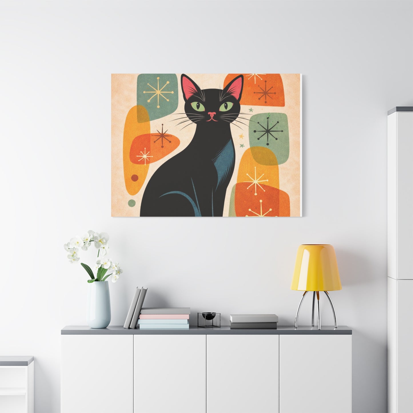 Mid-Century Modern Black Cat Canvas Print — Matte Stretched Wall Art