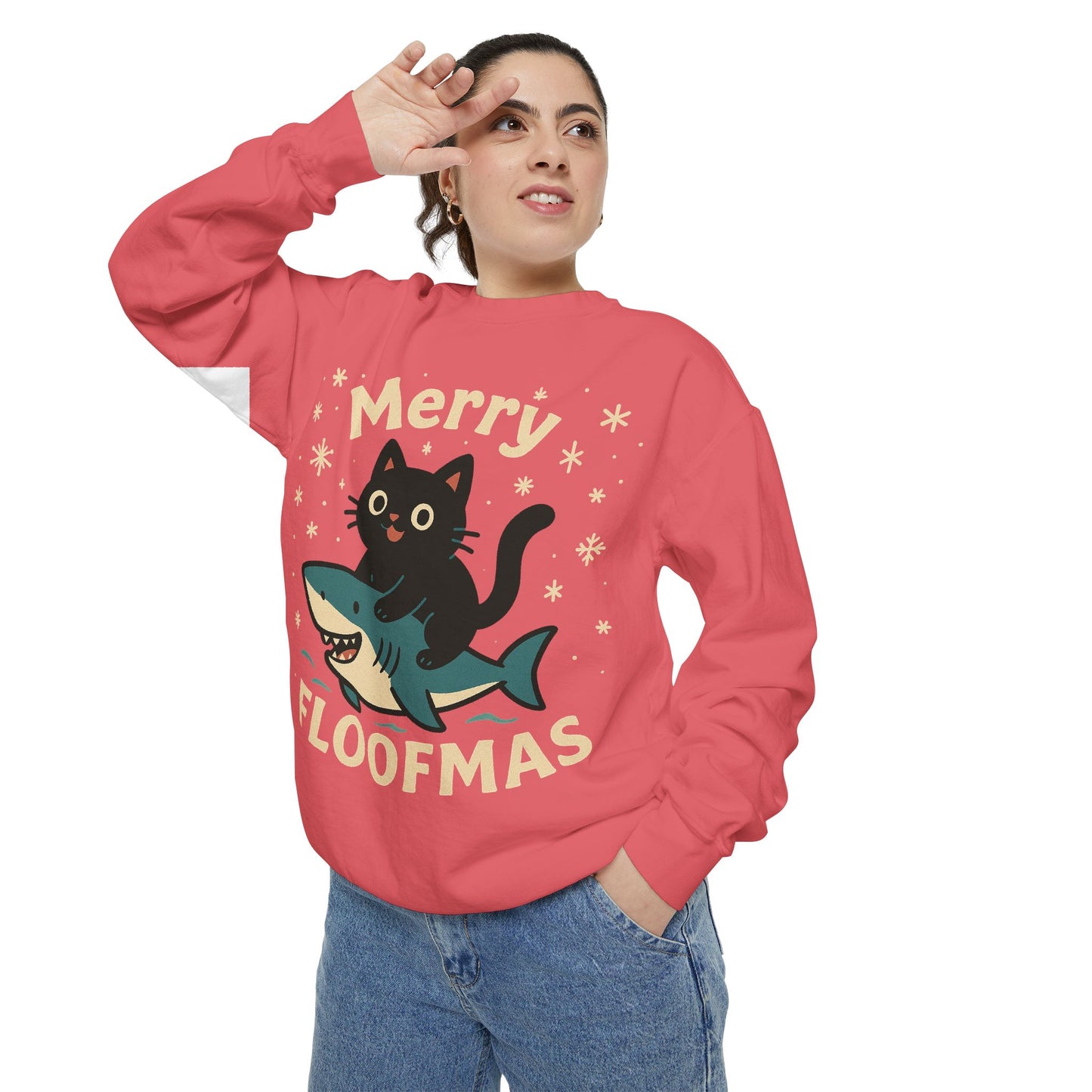 Merry Floofmas Sweatshirt — Cute Cat Riding Shark Holiday Sweater